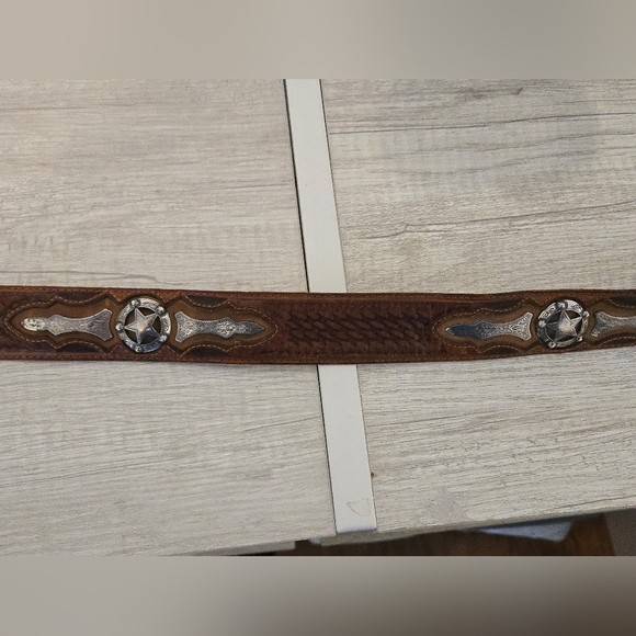 Vintage Justins Odessa Star Silver Texas Ranger Brown Leather Belt Mens Size 44 - Picture 7 of 9